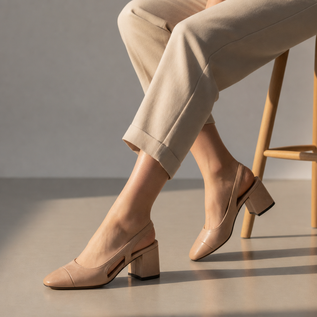 Patmos Leather Slingback Block Heels in Apricot