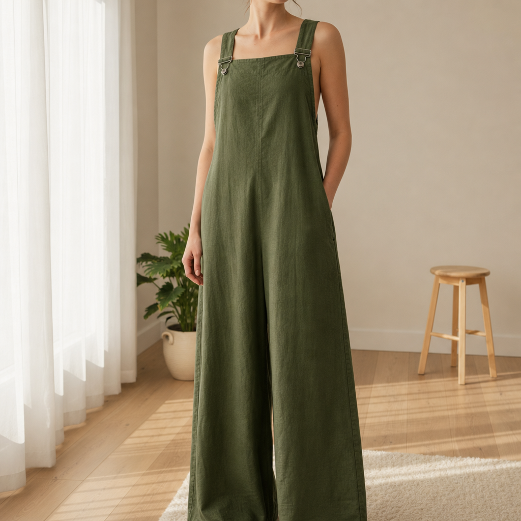 Corte Linen Bib Overall Jumpsuit in Army Green