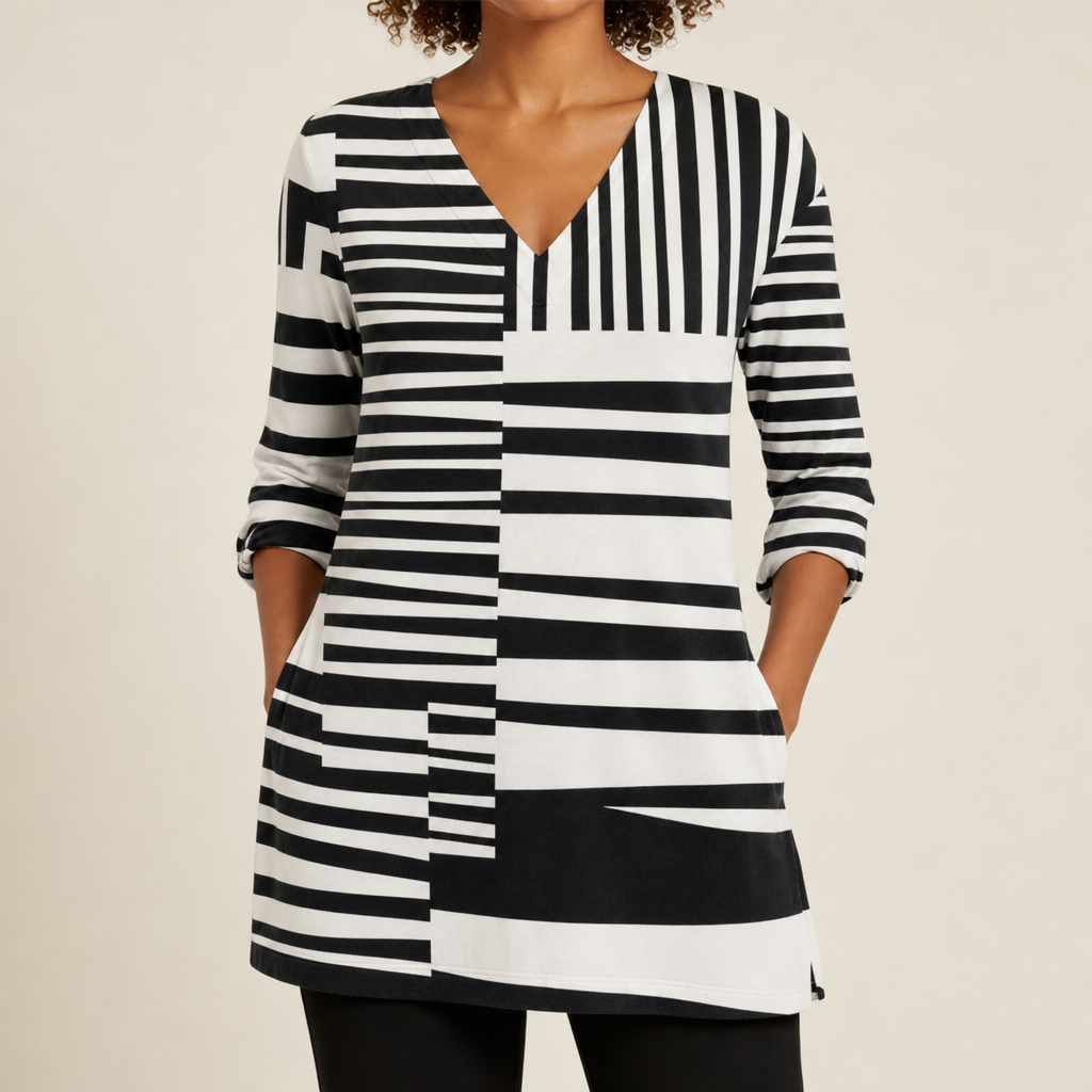 Hyeres Striped V-Neck Tunic in Black and White