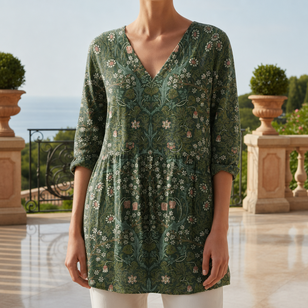 Lourmarin Vintage Floral Tunic Blouse in Floral Green