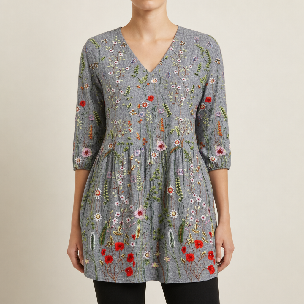 Urbino Floral Embroidery Tunic Blouse in Floral Gray