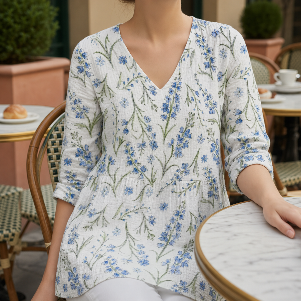 Skiathos Floral V-Neck Tunic in Floral Blue