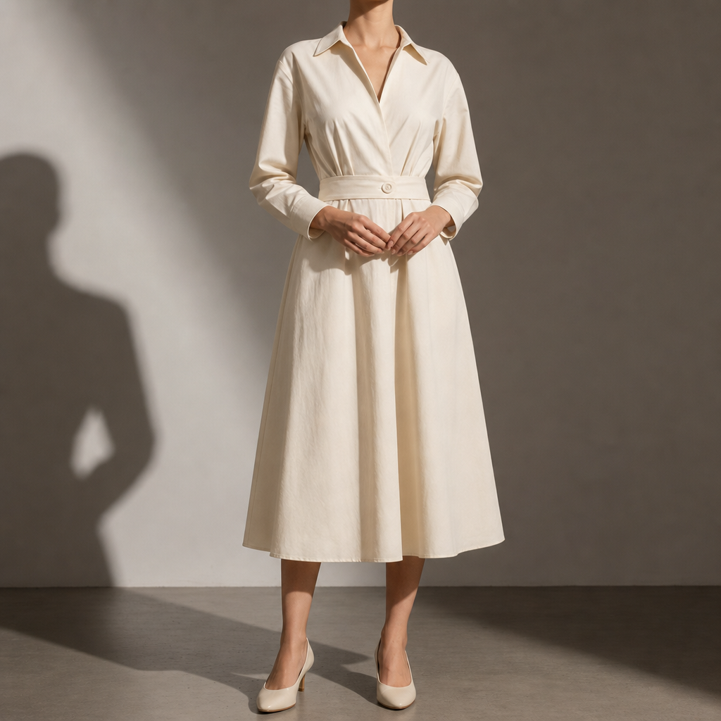 Antiparos Belted Shirt Midi Dress in Beige