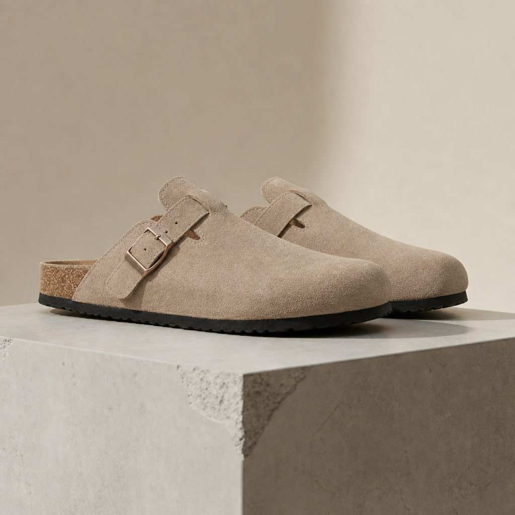 Sagres Suede Buckle Clogs in Beige
