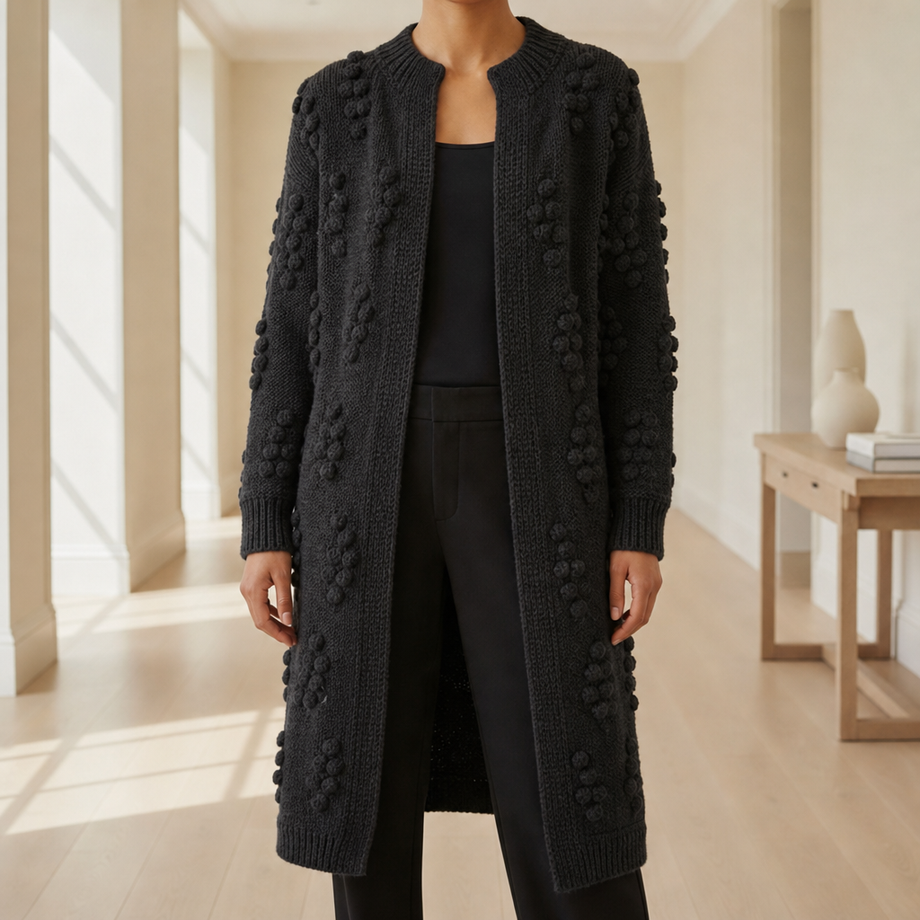Monreale Textured Knit Long Cardigan in Black