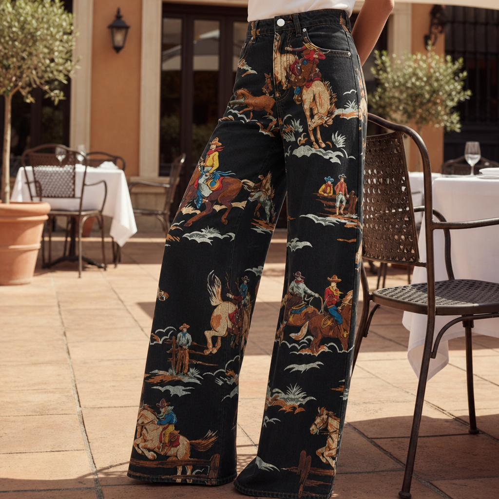 Sorrento Western Print Wide-Leg Pants in Black
