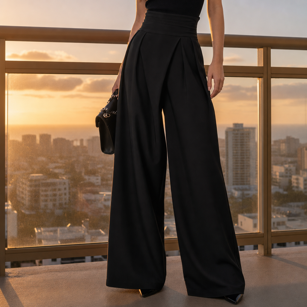 Ravello High Waist Wide-Leg Trousers in Black