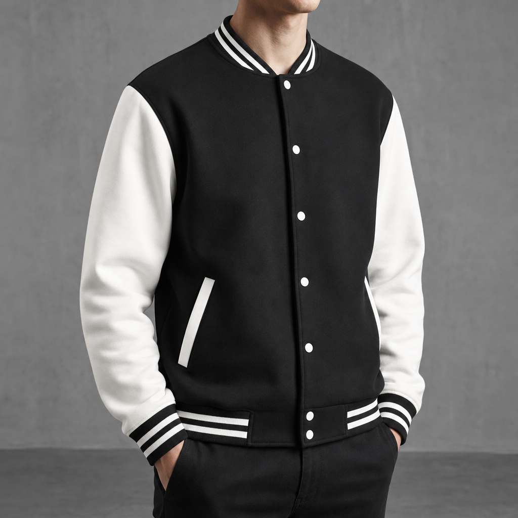 Ajaccio Contrast Sleeve Varsity Jacket in Black