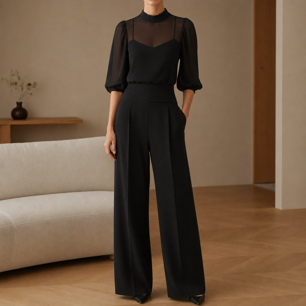 Amorgos Sheer Chiffon Three-Piece Set in Black