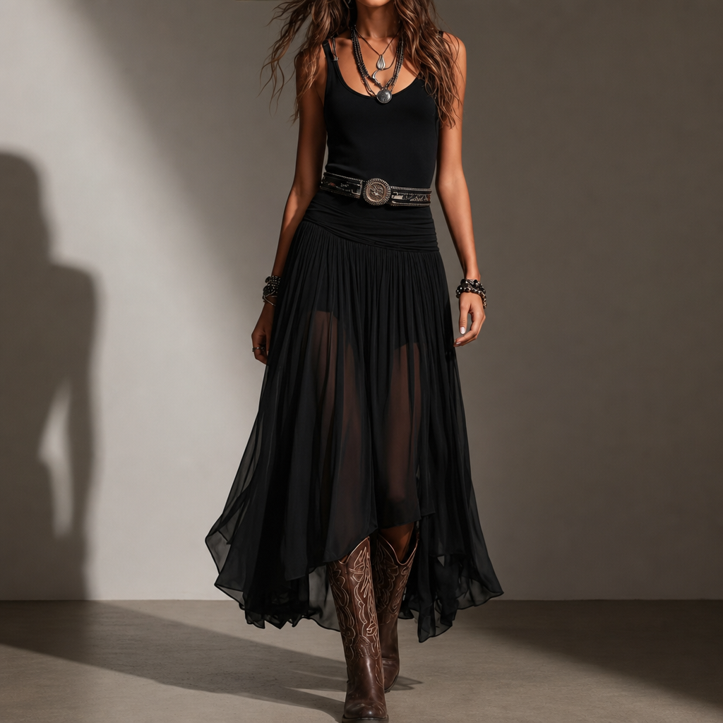 Skopelos Sheer Tulle Belted Maxi Dress in Black