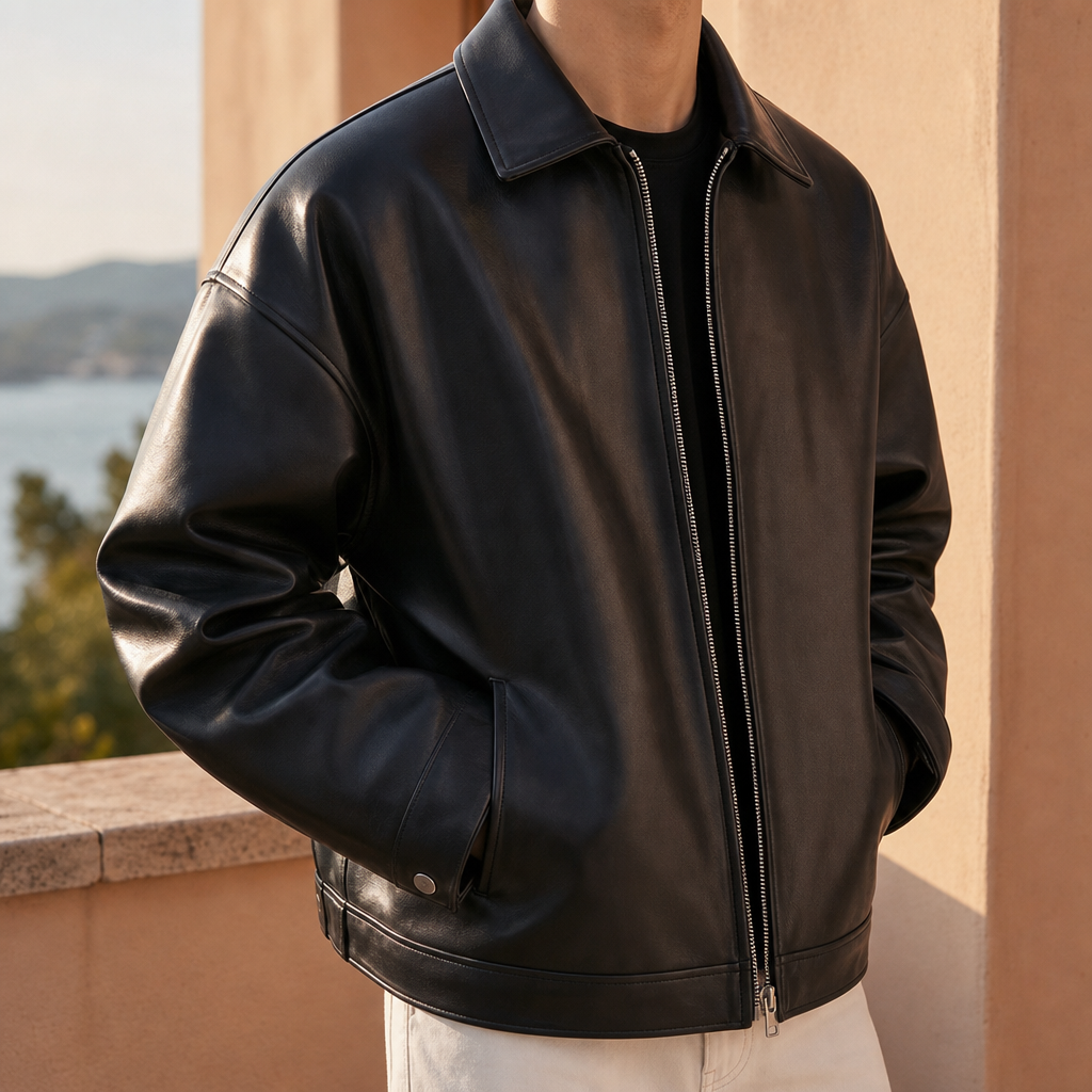 Monsanto Oversized Leather Bomber in Black
