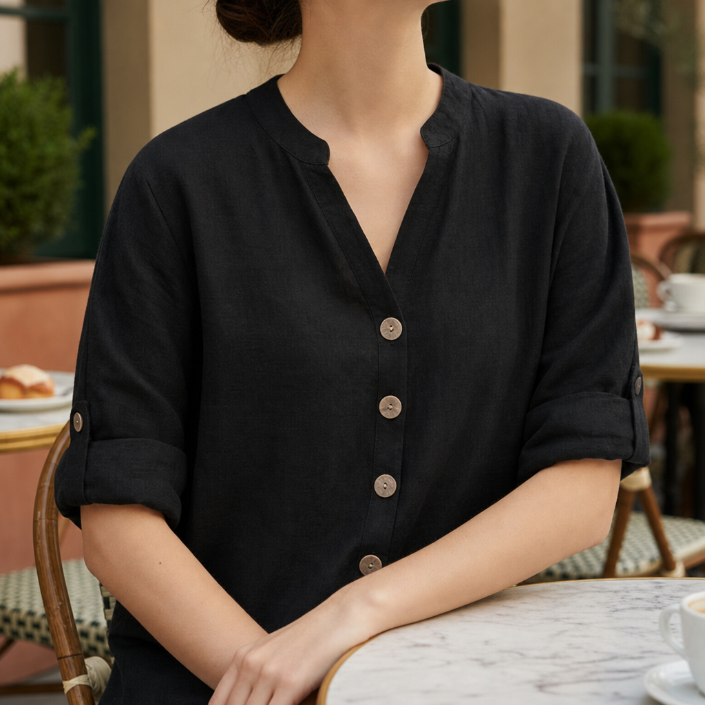 Montalcino Linen Button-Up Blouse in Black