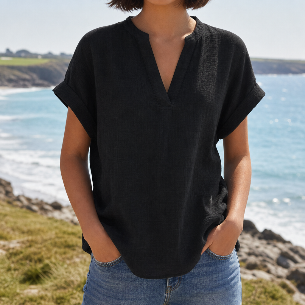 Tarifa Notched V-Neck Blouse in Black