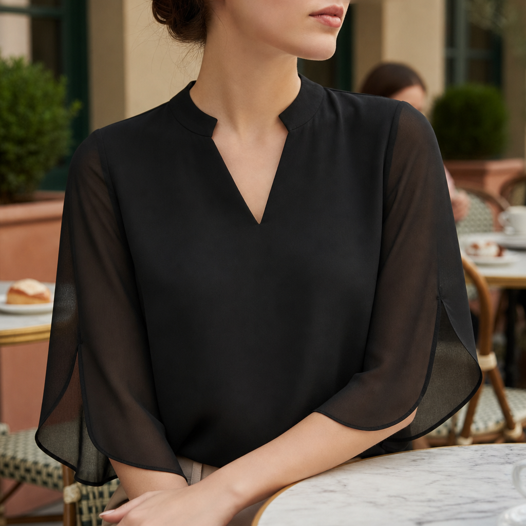 Milos Flared Sleeve Chiffon Blouse in Black