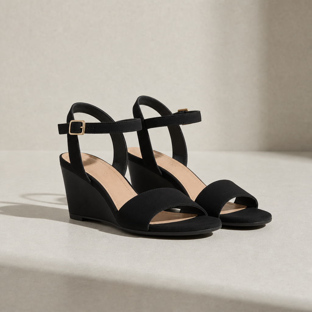Volterra Wedge Ankle Strap Sandals in Black