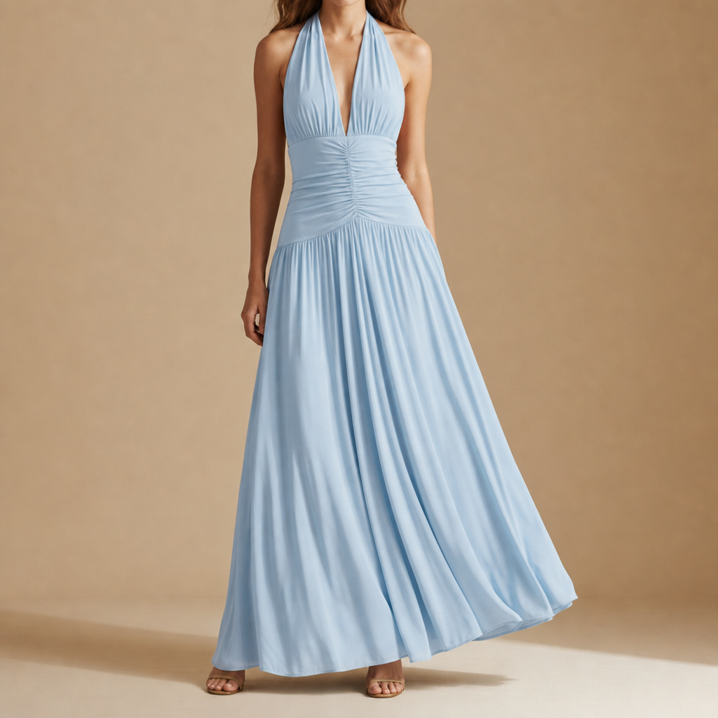 Almeria Ruched Halter Maxi Dress in Blue