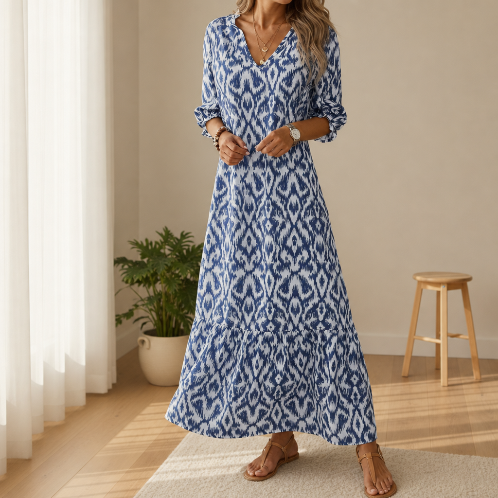 Frigiliana Ikat Print Maxi Dress in Blue