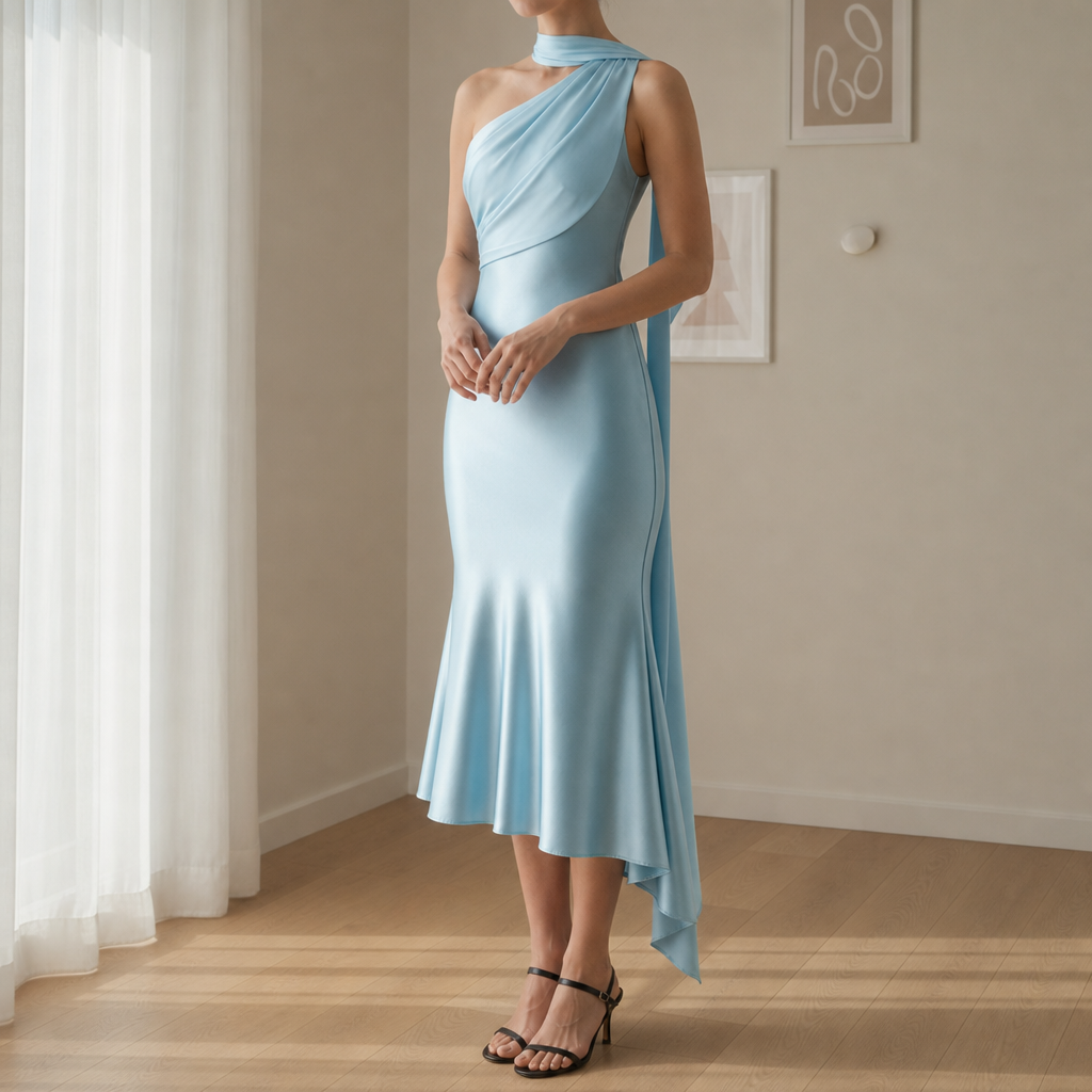 Gythio Satin Mermaid Midi Dress in Blue