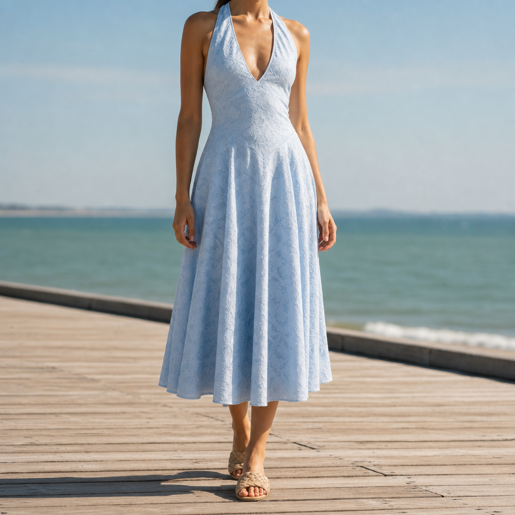 Murcia Jacquard Halter Midi Dress in Blue