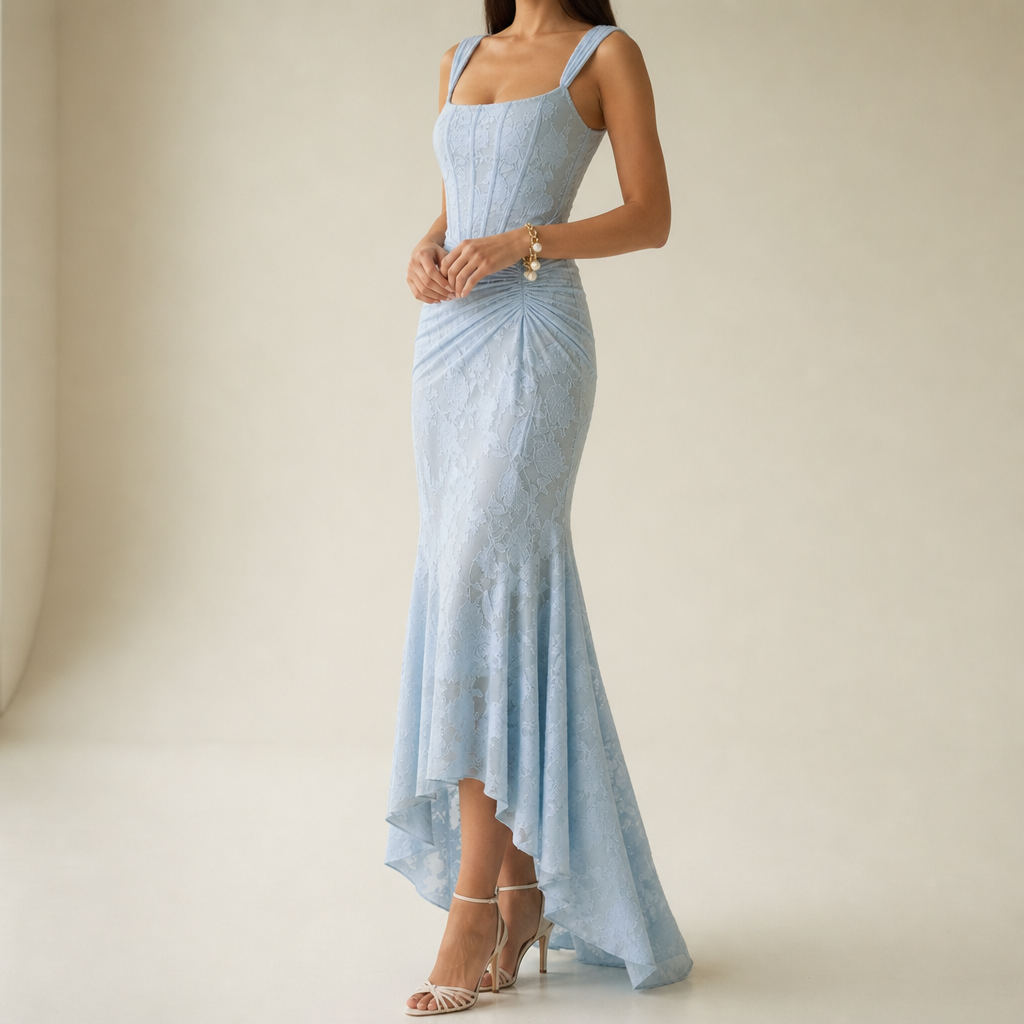 Bonifacio Lace High Low Dress in Blue
