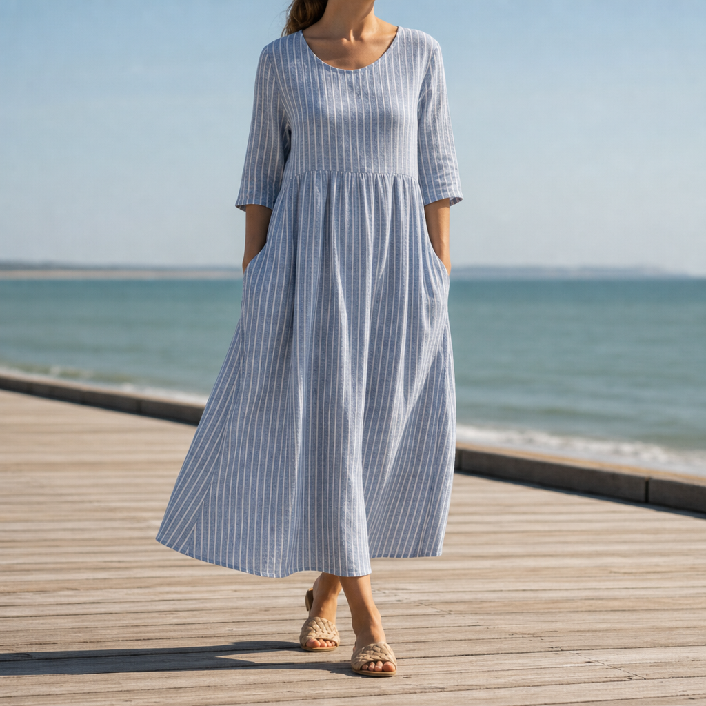Limassol Striped Flowy Midi Dress in Blue