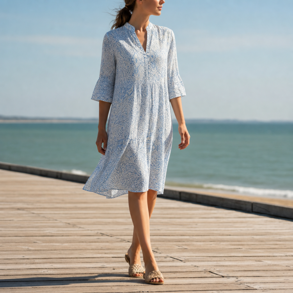 Montalcino Paisley Print Bell-Sleeve Dress in Blue