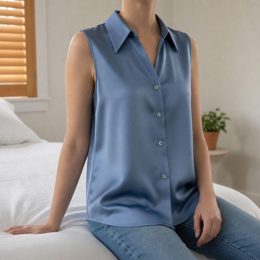 Spoleto Satin Sleeveless Blouse in Blue