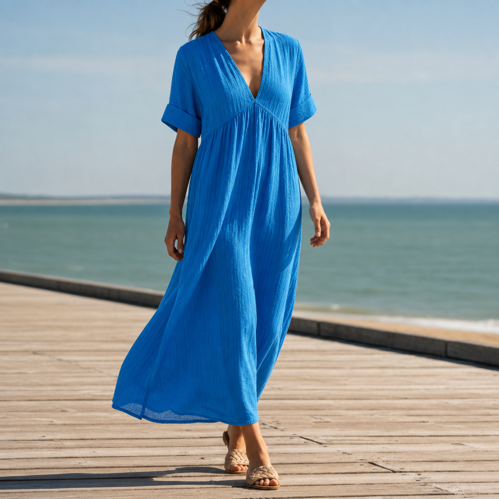 Trogir Relaxed Linen Maxi Dress in Blue