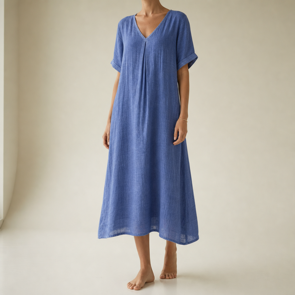 Sifnos Relaxed Linen Midi Dress in Blue