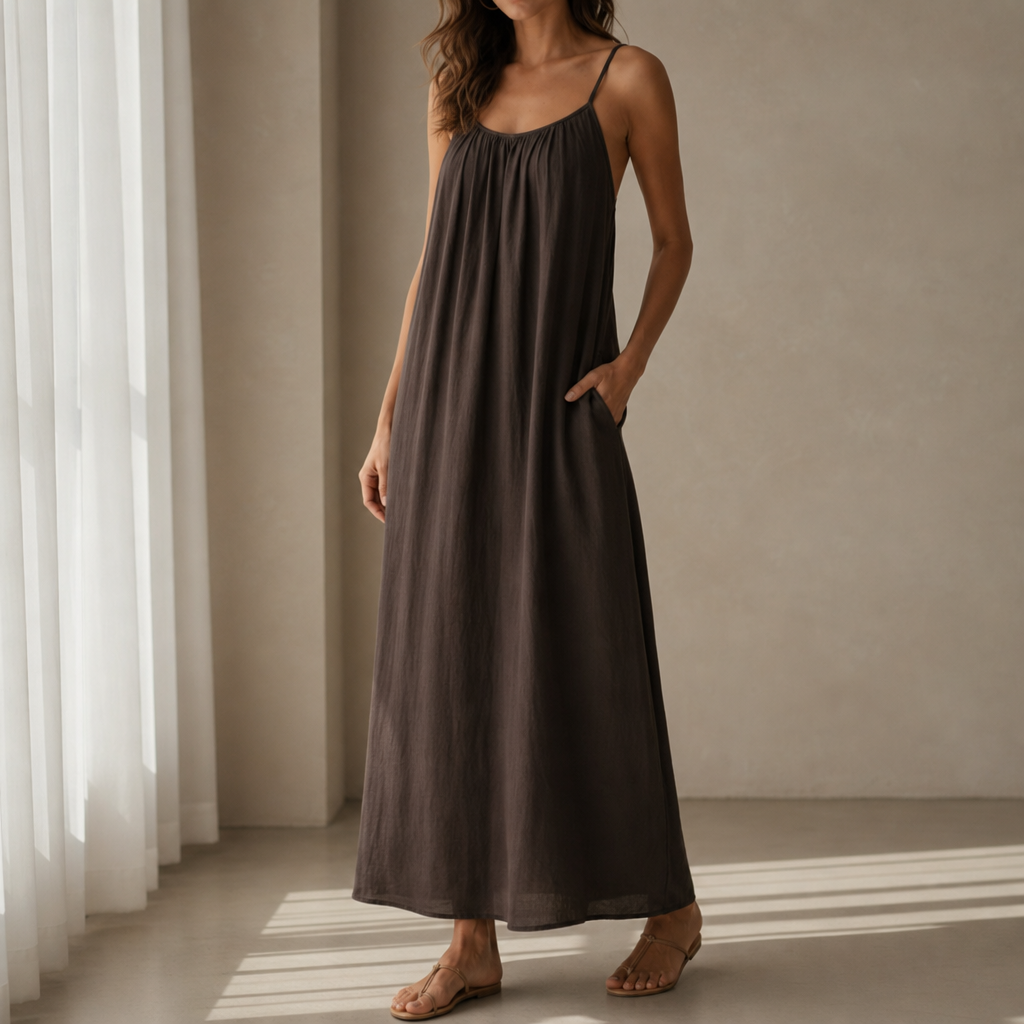 Opatija Backless Linen Maxi Dress in Brown