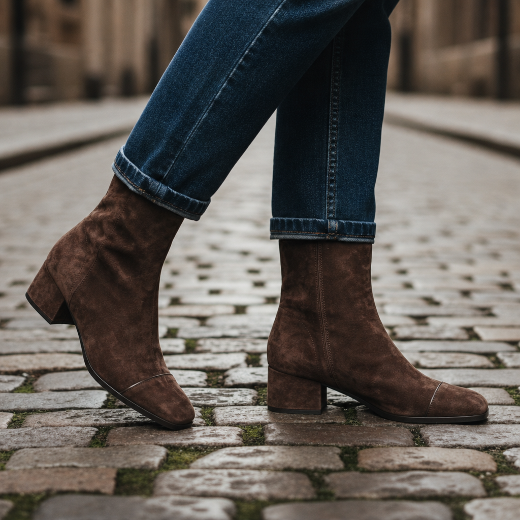 Tarifa Suede Block-Heel Boots in Brown