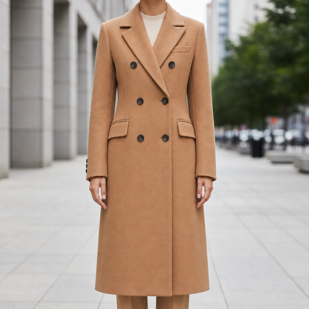 Chania Double Breasted Wool Overcoat in Brown