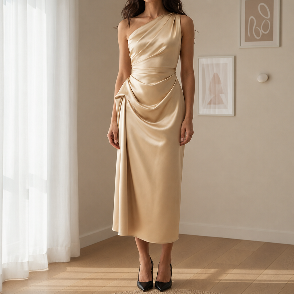 Valletta Ruched Satin Midi Dress in Champagne