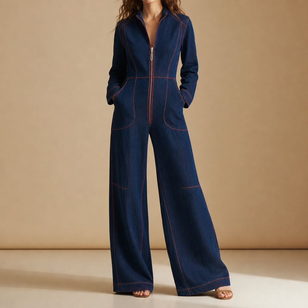 Amorgos Front-Zip Wide Leg Jumpsuit in Dark Blue