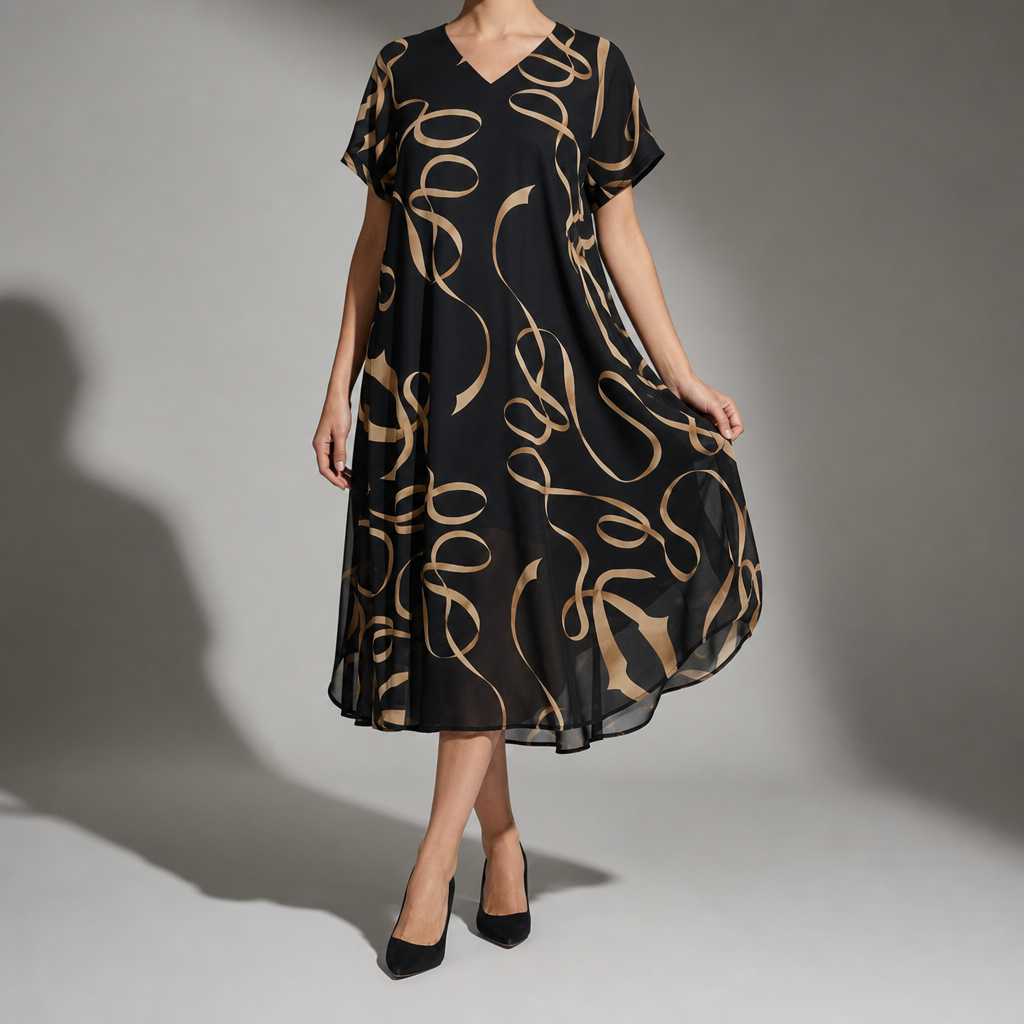 Calpe Gold Print Chiffon Midi Dress in Black