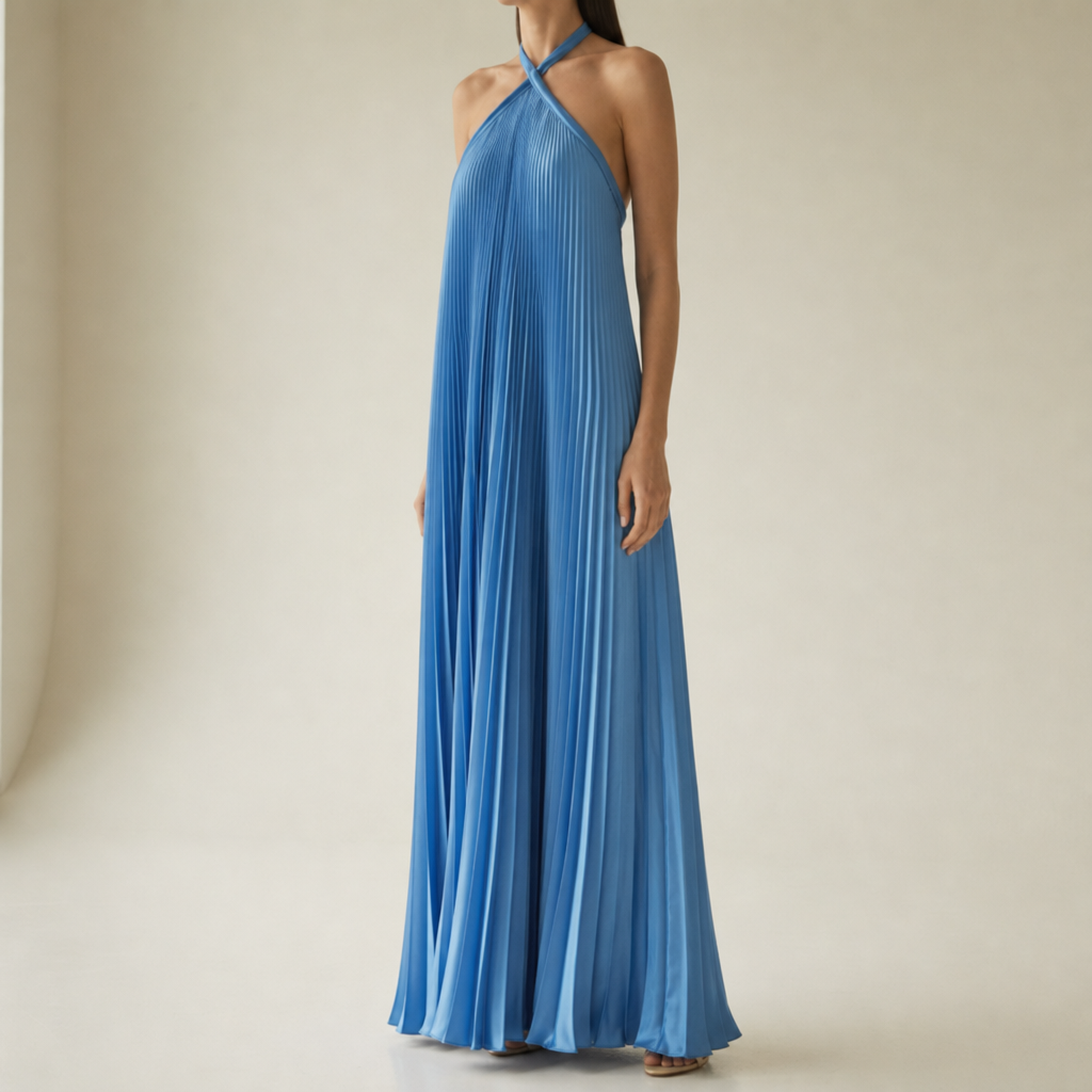 Murcia Pleated Halter Maxi Dress in Blue
