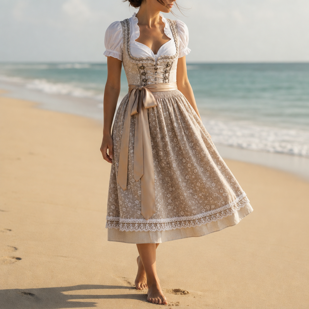 Spoleto Lace-Up Corset Dirndl Dress in Beige