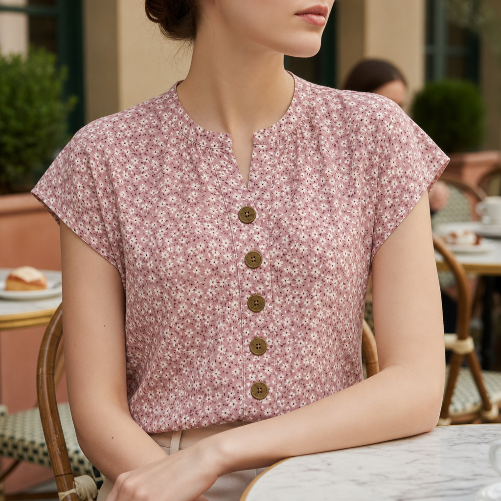 Trani Floral Button Blouse in Floral Pink