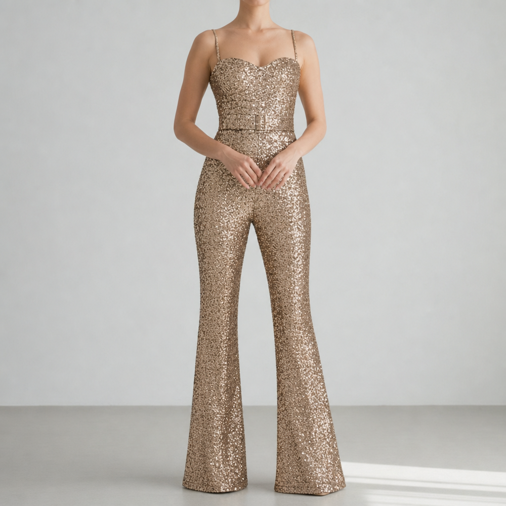 Rethymno Sequin Flare Jumpsuit in Gold