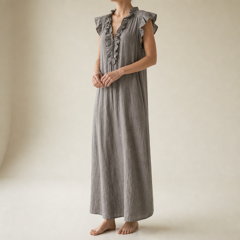 Hydra Ruffle V-Neck Maxi Dress in Gray
