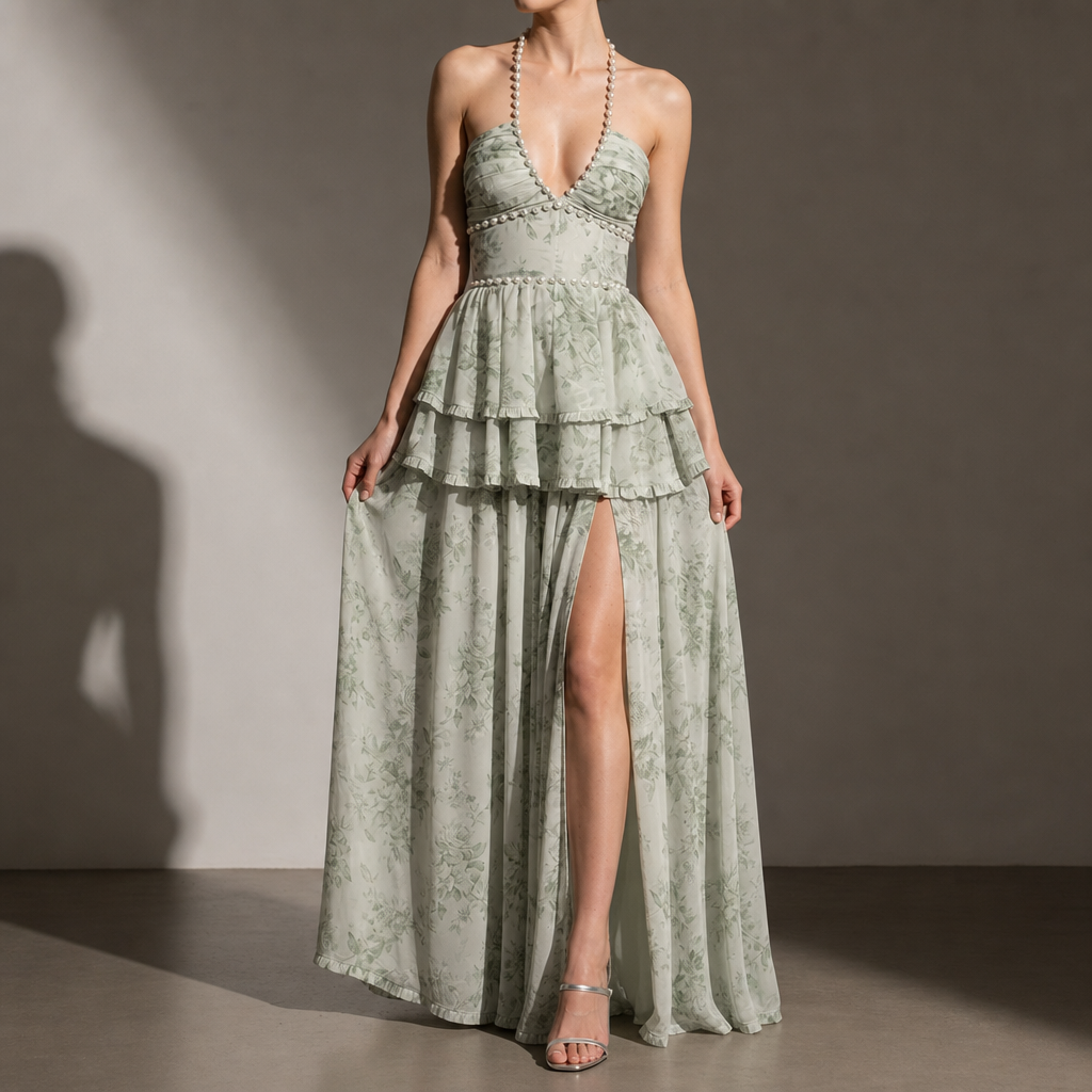Braga Floral Chiffon Maxi Dress in Green