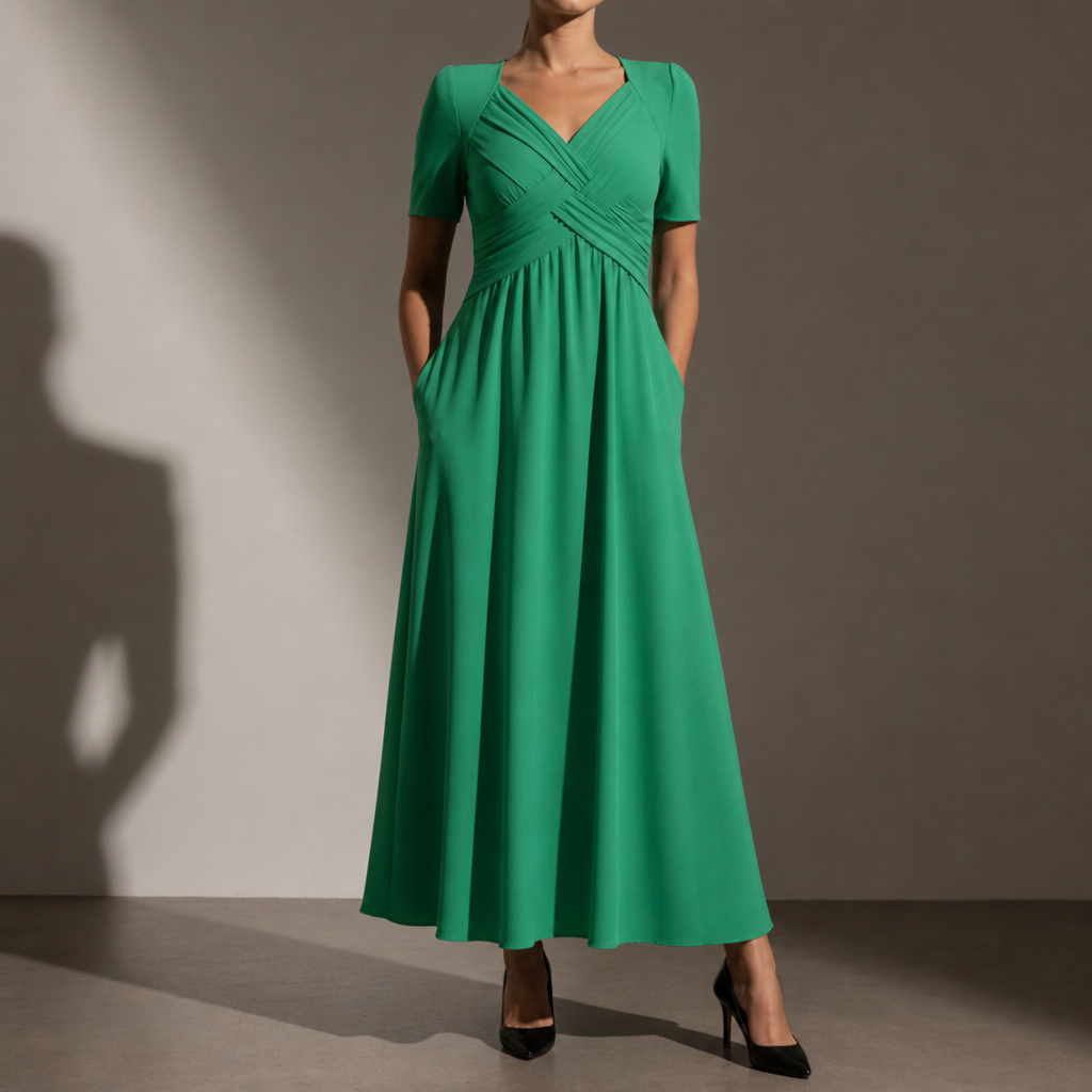 Nazare Ruched V-Neck Midi Dress in Green