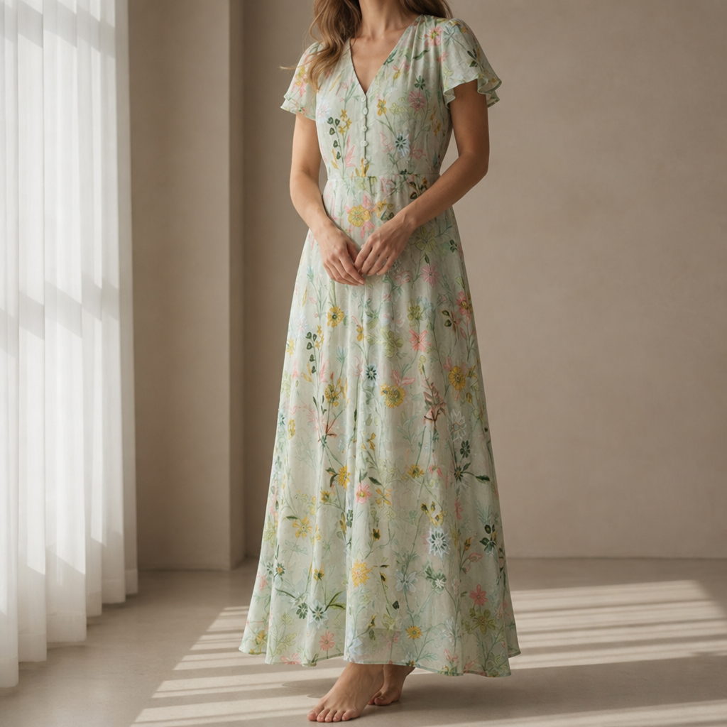 Merano Floral Flutter Sleeve Maxi in Green