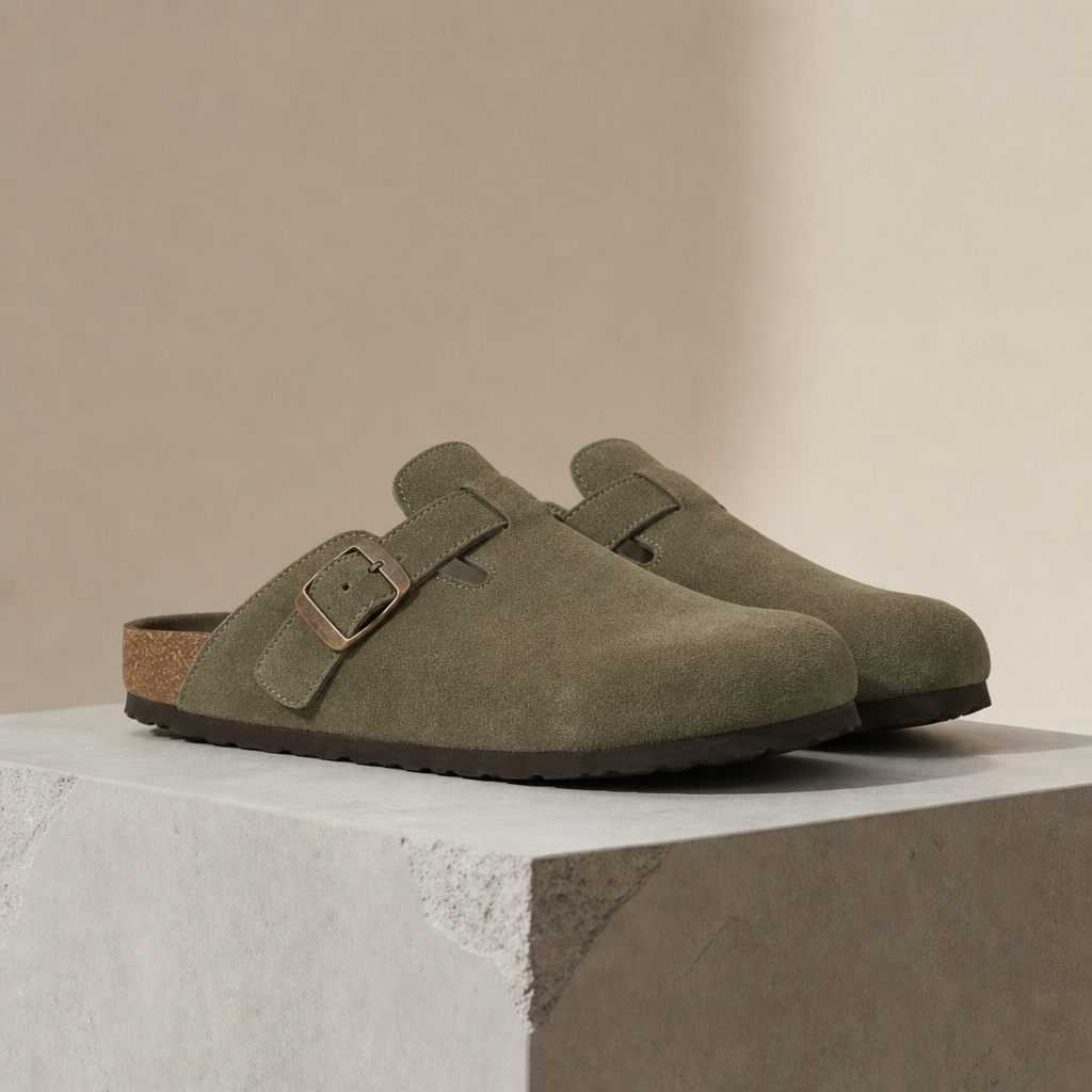 Nazare Suede Buckle Clogs in Green
