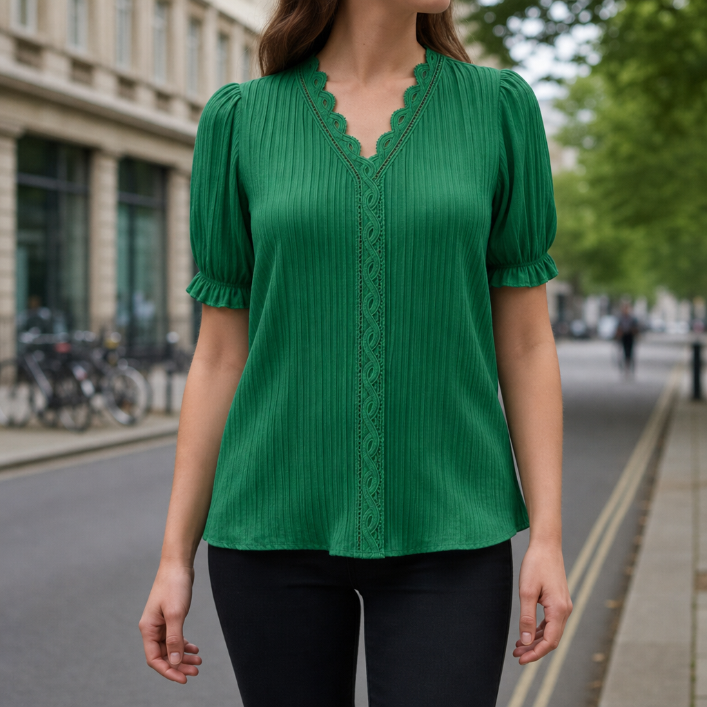 Antequera Lace Trim V-Neck Blouse in Green