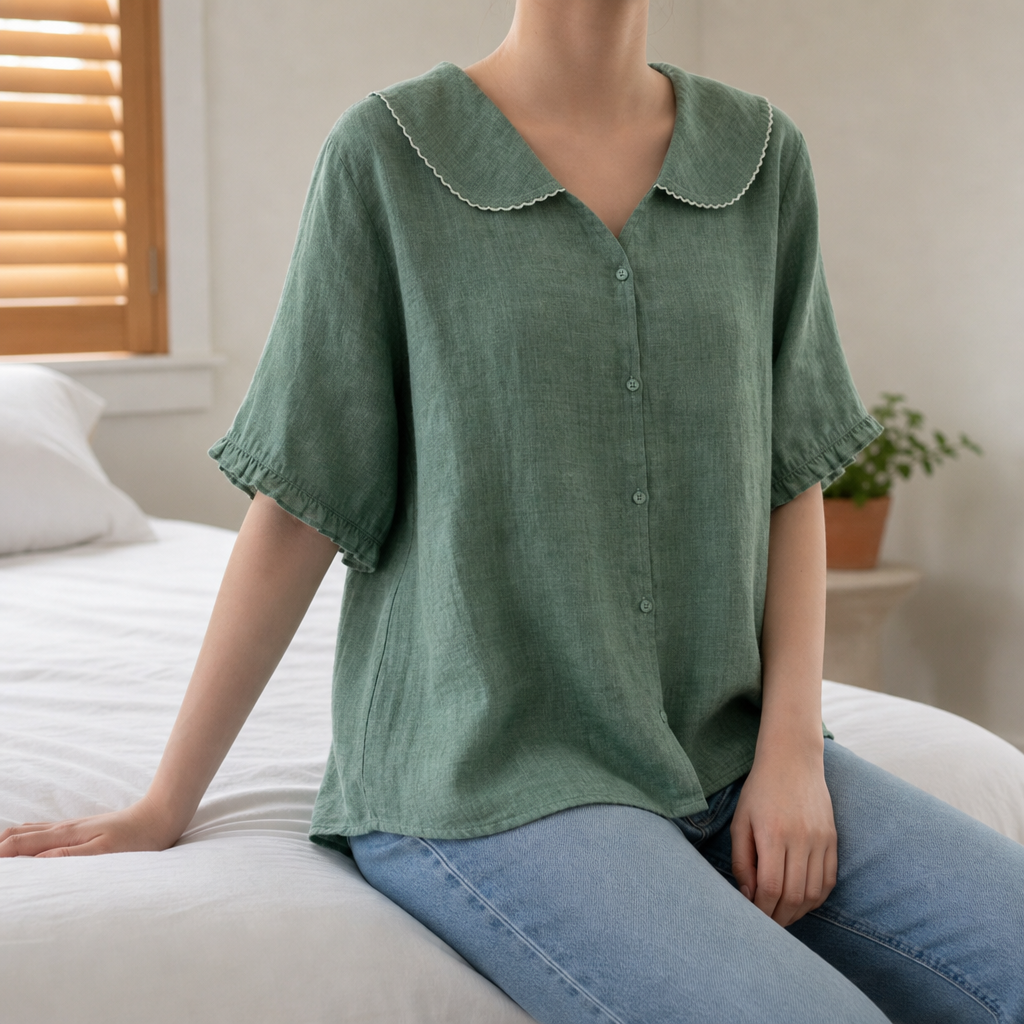 Zakynthos Doll Collar Linen Blouse in Green