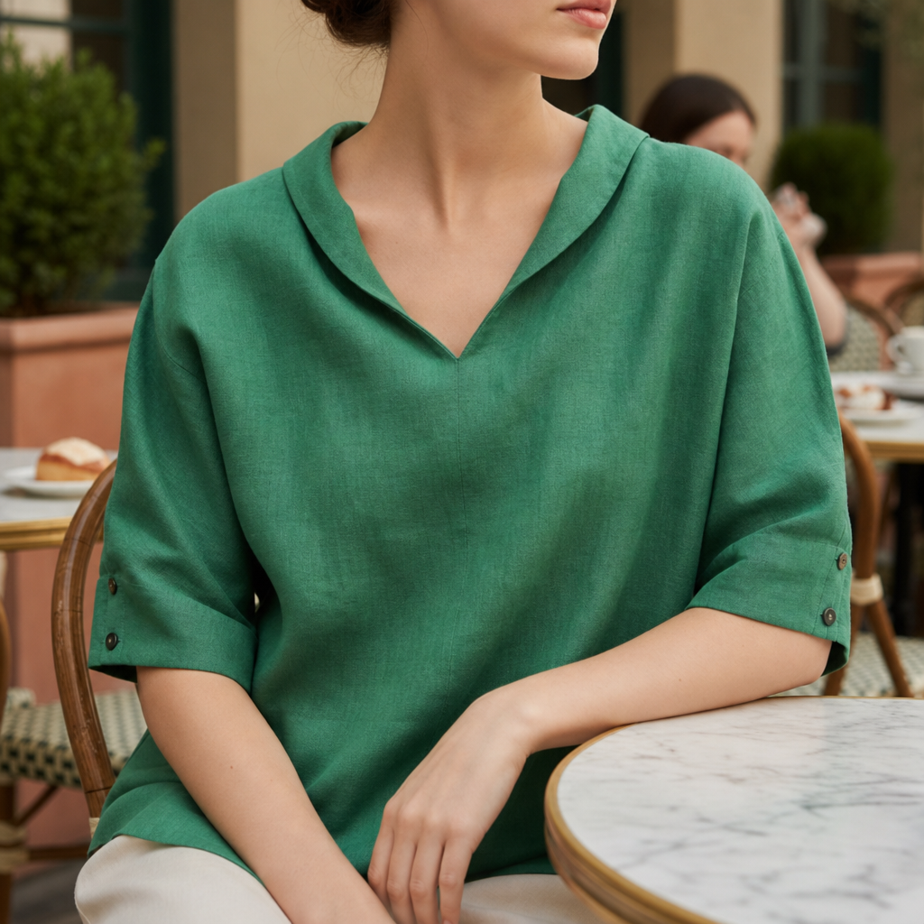 Naxos Linen V-Neck Blouse in Green