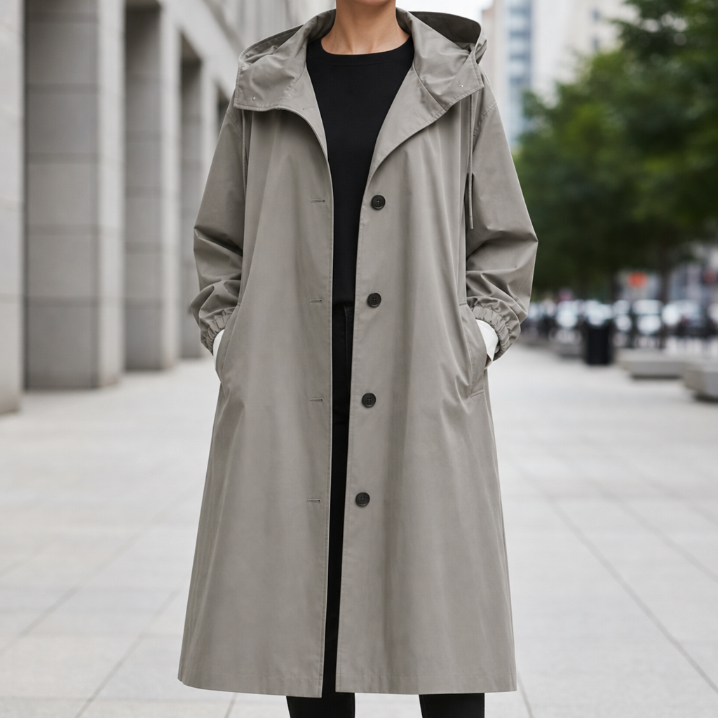 Silves Hooded Long Trench Coat in Gray