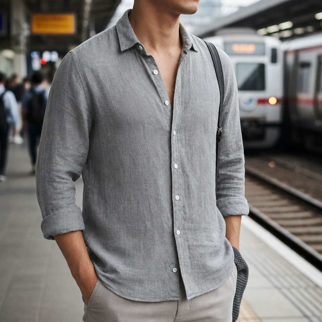 Polignano Linen Button-Down Shirt in Gray