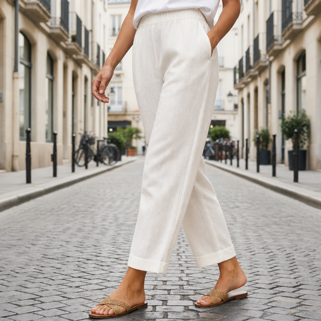 Birgu Cropped Linen Trousers in Ivory White